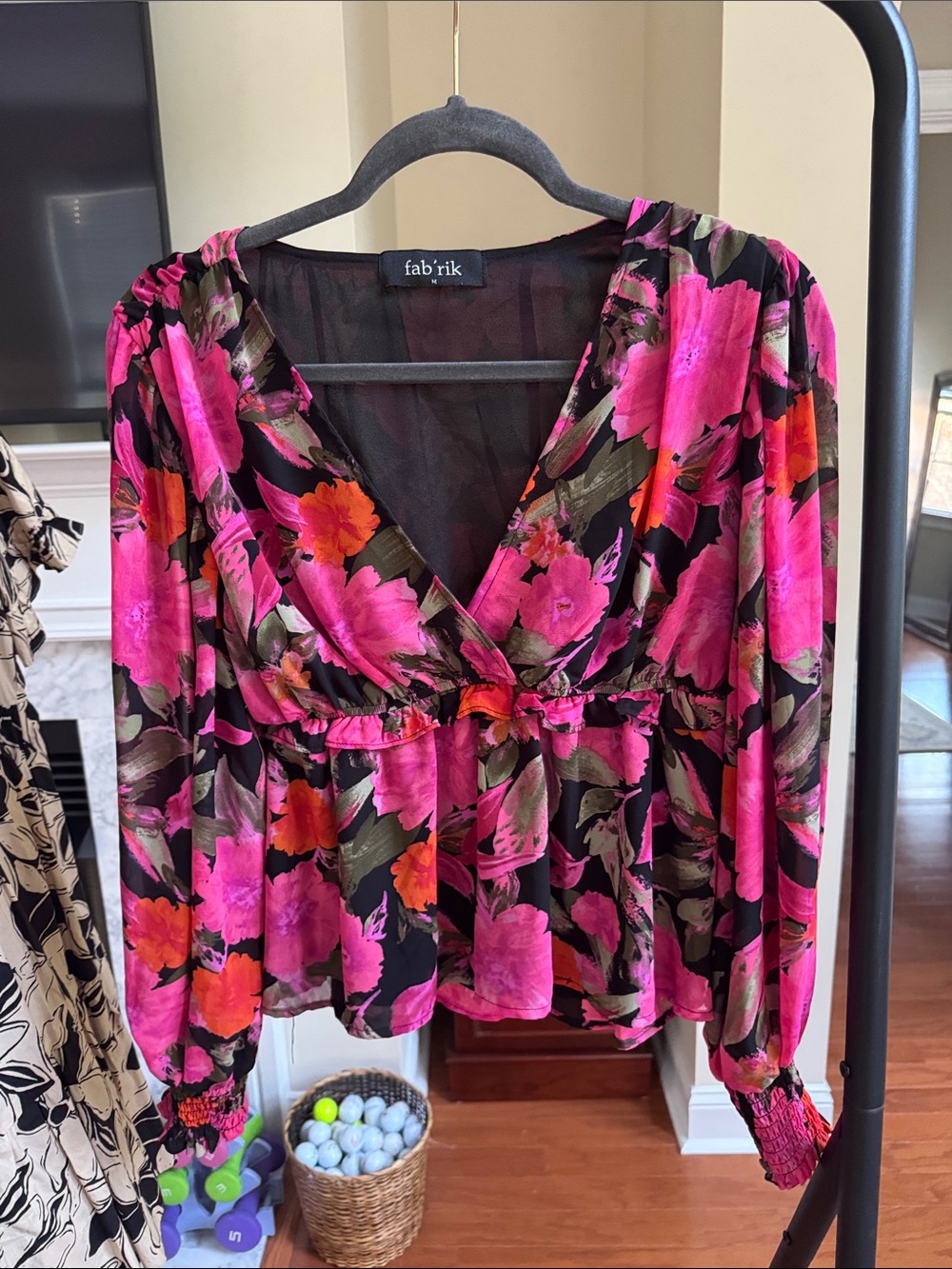 fab'rik Black Blouse with Bright Pink & Orange Floral Print
